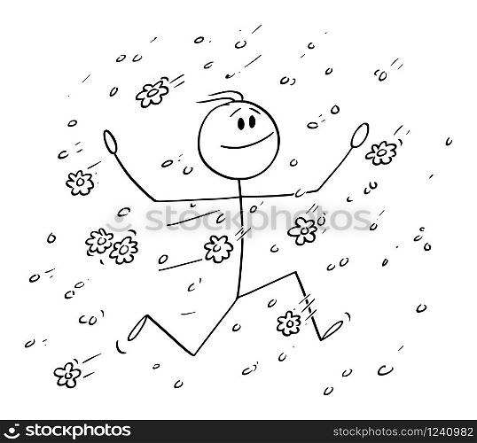Vector cartoon stick figure drawing conceptual illustration of happy man or businessman running in rain of falling flowers, petal,bloom or blossom.. Vector Cartoon Illustration of Happy Man or Businessman Running in Rain of Falling Flowers, Petals, Bloom or Blossom.
