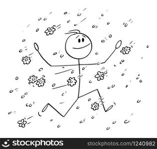 Vector cartoon stick figure drawing conceptual illustration of happy man or businessman running in rain of falling flowers, petal,bloom or blossom.. Vector Cartoon Illustration of Happy Man or Businessman Running in Rain of Falling Flowers, Petals, Bloom or Blossom.