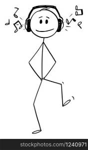 Vector cartoon stick figure drawing conceptual illustration of happy man walking with big headphones and hearing music.. Vector Cartoon Illustration of Happy Man Walking With Big Headphones Listening Music