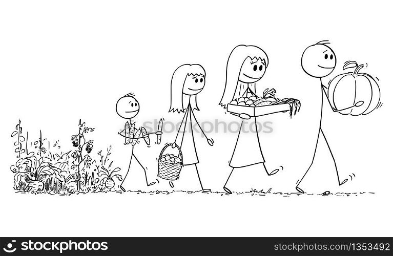 Vector cartoon stick figure drawing conceptual illustration of happy smiling family of father,mother, son and daughter carrying harvest from vegetable farm or garden.. Vector Cartoon Illustration of Happy Family of Mother, Father, Boy and Girl Carrying Crop from Vegetable Farm or Garden