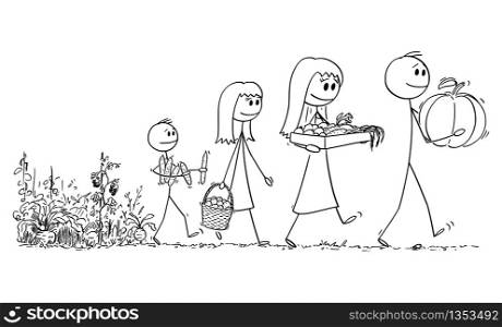 Vector cartoon stick figure drawing conceptual illustration of happy smiling family of father,mother, son and daughter carrying harvest from vegetable farm or garden.. Vector Cartoon Illustration of Happy Family of Mother, Father, Boy and Girl Carrying Crop from Vegetable Farm or Garden