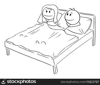 Vector cartoon stick figure drawing conceptual illustration of happy smiling heterosexual couple of woman and man lying together in bed in bedroom.. Vector Cartoon Illustration of Happy Heterosexual Couple of Man and Woman Lying Together in Bed in Bedroom