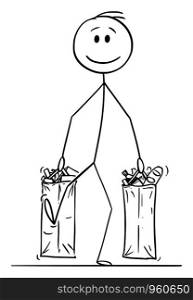 Vector cartoon stick figure drawing conceptual illustration of happy smiling man carrying big shopping bags full of food and other goods or groceries.. Vector Cartoon Illustration of Happy Smiling Man Carrying Big Shopping Bags Full of Food and Other Goods or Groceries