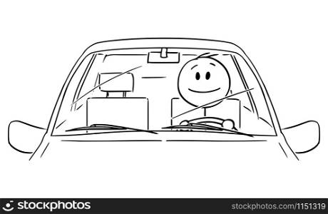 Vector cartoon stick figure drawing conceptual illustration of happy smiling man or driver enjoying driving a car. Front view.. Vector Cartoon Illustration of Happy Smiling Man or Driver Driving a Car and Enjoying the Trip