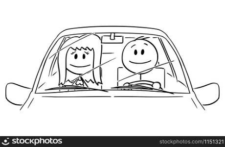 Vector cartoon stick figure drawing conceptual illustration of happy smiling man or driver enjoying driving a car. Front view.. Vector Cartoon Illustration of Happy Smiling Couple of Woman and Man or Driver Driving a Car and Enjoying the Trip