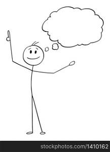 Vector cartoon stick figure drawing conceptual illustration of happy smiling man or businessman who just got an idea. Empty speech bubble or balloon for your text,. Vector Cartoon Illustration of Smiling Happy Man or Businessman Who Just Got an Idea, Empty Speech Bubble or Balloon.