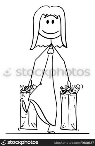 Vector cartoon stick figure drawing conceptual illustration of happy smiling woman carrying big shopping bags full of food and other goods or groceries.. Vector Cartoon Illustration of Happy Smiling Woman Carrying Big Shopping Bags Full of Food and Other Goods or Groceries