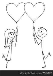 Vector cartoon stick figure drawing conceptual illustration of heterosexual couple of man and woman on date holding heart shaped balloons and smiling.. Vector Cartoon of Couple of Man and Woman in Love Holding Heart Shaped Balloons