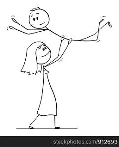 Vector cartoon stick figure drawing conceptual illustration of heterosexual couple of woman lifting man while performing dance pose lift during dancing.. Vector Cartoon of Heterosexual Couple of Woman Lifting Man While Performing Dance Pose Lift During Dancing