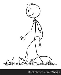 Vector cartoon stick figure drawing conceptual illustration of hiker or man with backpack hiking or walking on adventure in nature.. Vector Cartoon of Man or Hiker with Backpack Hiking on Adventure in Nature