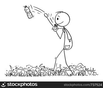 Vector cartoon stick figure drawing conceptual illustration of hiker or man with backpack hiking or walking in nature full of waste and trash, and throwing plastic bottle away.. Vector Cartoon of Man or Hiker with Backpack Hiking in Nature Full of Waste Throwing Plastic Bottle Away