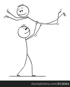 Vector cartoon stick figure drawing conceptual illustration of homosexual gay couple of two men performing dance pose lift during dancing.. Vector Cartoon of Gay Homosexual Couple of Two Men Performing Dance Pose Lift During Dancing