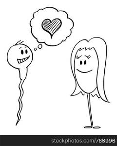 Vector cartoon stick figure drawing conceptual illustration of human sperm or spermatozoon declaring his love to ovum or egg with heart symbol.. Vector Cartoon of Human Sperm or Spermatozoon Declaring His Love to Egg or Ovum