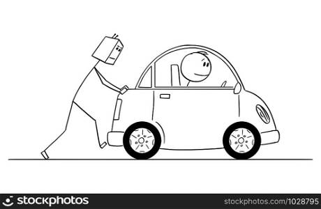 Vector cartoon stick figure drawing conceptual illustration of humanoid robot pushing broken or out of gas car. Concept or robotic car.. Vector Cartoon Illustration of Humanoid Robot Pushing Broken or Out of Gas Car