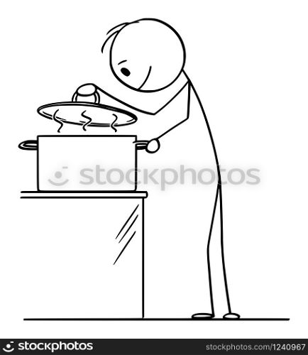Vector cartoon stick figure drawing conceptual illustration of hungry curious man or cook looking on hot food inside of cooking pot.. Vector Cartoon Illustration of Hungry Curious Man or Cook Looking on Hot Food Inside of Cooking Pot