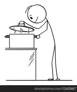 Vector cartoon stick figure drawing conceptual illustration of hungry curious man or cook looking on hot food inside of cooking pot.. Vector Cartoon Illustration of Hungry Curious Man or Cook Looking on Hot Food Inside of Cooking Pot