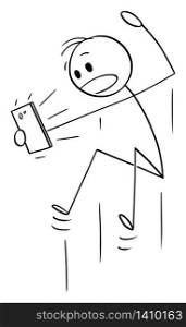Vector cartoon stick figure drawing conceptual illustration of jumping shocked or surprised man watching something on mobile phone.. Vector Cartoon Illustration of Jumping Surprised or Shocked Man Watching Something on Mobile Phone