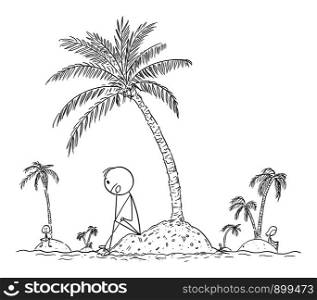 Vector cartoon stick figure drawing conceptual illustration of lonely people living alone on small islands, without friends or human society. Concept of loneliness.. Vector Cartoon of Lonely People Living Each One Alone on Small Island without Friends or Society