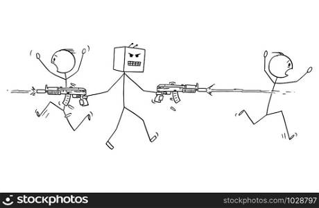 Vector cartoon stick figure drawing conceptual illustration of mad robot shooting weapons and killing people. Concept of artificial intelligence uprising.. Vector Cartoon Illustration of Mad Robot Shooting Weapons and Killing People. Artificial Intelligence Uprising