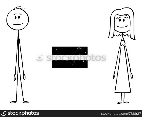 Vector cartoon stick figure drawing conceptual illustration of man and woman and equal sign between them. Concept of gender equality.. Vector Cartoon of Man and Woman and Equal Sign Between Them
