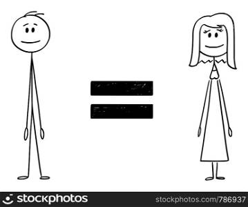 Vector cartoon stick figure drawing conceptual illustration of man and woman and equal sign between them. Concept of gender equality.. Vector Cartoon of Man and Woman and Equal Sign Between Them