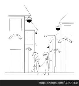 Vector cartoon stick figure drawing conceptual illustration of man and woman walking on the street with surveillance security cameras everywhere. Concept of living in unfreedom society or dictatorship.. Vector Cartoon Illustration of Man and Woman Walking on the Street with Security Surveillance Cameras Everywhere. Living in Unfreedom Society or Dictatorship