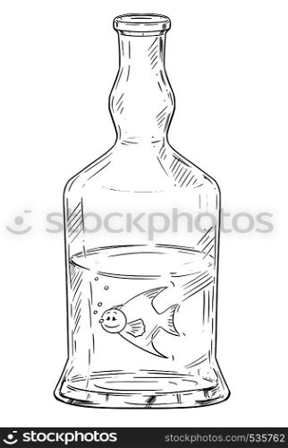 Vector cartoon stick figure drawing conceptual illustration of man as fish swimming in hard liquor or spirits bottle. Metaphor of addiction and alcoholism.. Vector Cartoon of Man as Fish Swimming in Hard Liquor or Spirits Bottle. Alcoholism Metaphor