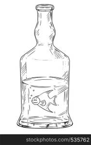 Vector cartoon stick figure drawing conceptual illustration of man as fish swimming in hard liquor or spirits bottle. Metaphor of addiction and alcoholism.. Vector Cartoon of Man as Fish Swimming in Hard Liquor or Spirits Bottle. Alcoholism Metaphor