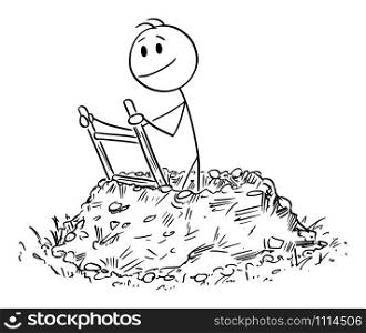 Vector cartoon stick figure drawing conceptual illustration of man,businessman, immigrant or miner climbing out of the hole in ground.. Vector Cartoon Illustration of Man, Businessman, Immigrant or Miner Climbing Out of the Hole in Ground