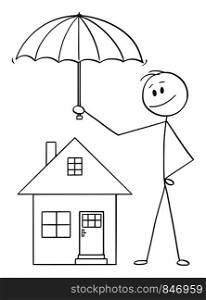 Vector cartoon stick figure drawing conceptual illustration of man, businessman or insurance agent holding umbrella protecting family house.. Vector Cartoon of Man, Businessman or Insurance Agent Holding Umbrella Protecting Family House