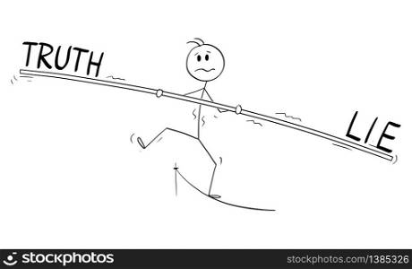Vector cartoon stick figure drawing conceptual illustration of man, businessman, politician tightrope walker walking on rope with bar. Concept truth and lie.. Vector Cartoon Illustration of Tightrope Walker, Man, Politician or Businessman Walking on Rope. Concept Truth and Lie.