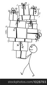 Vector cartoon stick figure drawing conceptual illustration of man carrying or balancing big pile of christmas or birthday gifts.. Vector Cartoon Illustration of Man Carrying or Balancing Big Pile of Christmas or Birthday Gifts