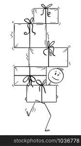 Vector cartoon stick figure drawing conceptual illustration of man carrying or balancing big pile of christmas or birthday gifts.. Vector Cartoon Illustration of Man Carrying or Balancing Big Pile of Christmas or Birthday Gifts