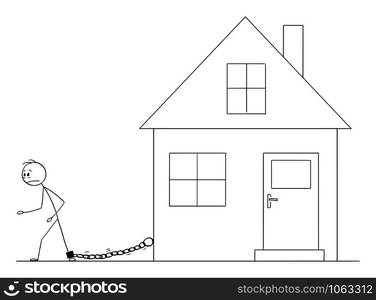 Vector cartoon stick figure drawing conceptual illustration of man chained by iron chain to his family house. Concept of housing or mortgage expenses.. Vector Cartoon Illustration of Man Chained to His Family House. Concept of Housing or Mortgage Expense.