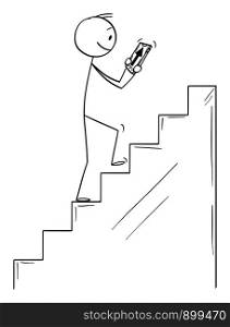Vector cartoon stick figure drawing conceptual illustration of man climbing upstairs following incorrect navigation in mobile phone ignoring the edge in his way.. Vector Cartoon of Man Climbing Upstairs Following Navigation in Mobile Phone