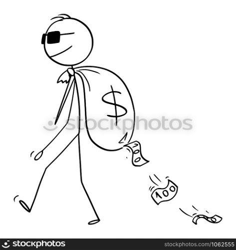 Vector cartoon stick figure drawing conceptual illustration of man, criminal, secret agent or businessman with sunglasses carrying bug money bag on his bag with dollar currency symbol.. Vector Cartoon Illustration of Man, Criminal or Secret Agent or Businessman Carrying Big Money Bag with Dollar Symbol