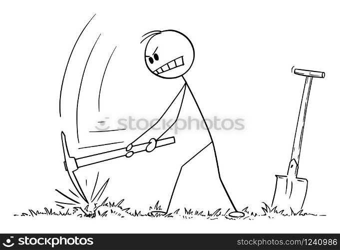 Vector cartoon stick figure drawing conceptual illustration of man digging hole in ground with pickax or pickaxe or pick.. Vector Cartoon Illustration of Man Digging Hole With Pickax or Pick or Pickaxe