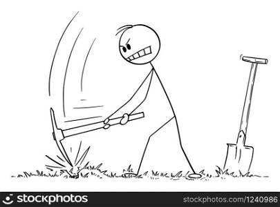 Vector cartoon stick figure drawing conceptual illustration of man digging hole in ground with pickax or pickaxe or pick.. Vector Cartoon Illustration of Man Digging Hole With Pickax or Pick or Pickaxe