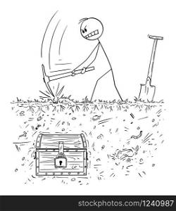 Vector cartoon stick figure drawing conceptual illustration of man digging out treasure chest from ground with pickax or pickaxe or pick.. Vector Cartoon Illustration of Man Digging Out Treasure Chest With From Ground With Pickax or Pick or Pickaxe
