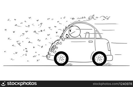 Vector cartoon stick figure drawing conceptual illustration of man driving car through swarm of bugs, flies, mosquito or insect.. Vector Cartoon Illustration of Man Driving Car Through Swarm of Insect or bugs.
