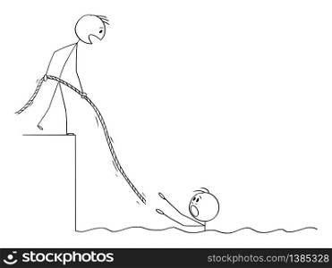 Vector cartoon stick figure drawing conceptual illustration of man drowning in water, another man is helping him by giving him rope. Concept of team work, insurance or social security.. Vector Cartoon Illustration of Man or businessman Drowning in Water, Another Man is Helping Him, Giving Him Rope.
