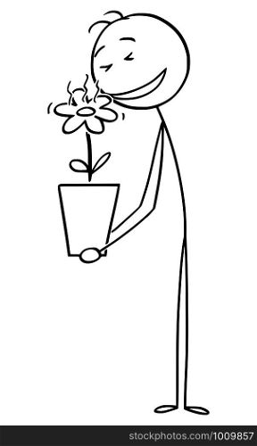 Vector cartoon stick figure drawing conceptual illustration of man enjoying smelling to beautiful flower in plant pot.. Vector Cartoon Illustration of Man Smelling to Beautiful Flower in Plant Pot