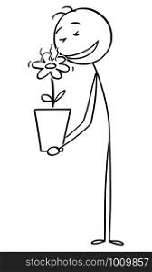 Vector cartoon stick figure drawing conceptual illustration of man enjoying smelling to beautiful flower in plant pot.. Vector Cartoon Illustration of Man Smelling to Beautiful Flower in Plant Pot