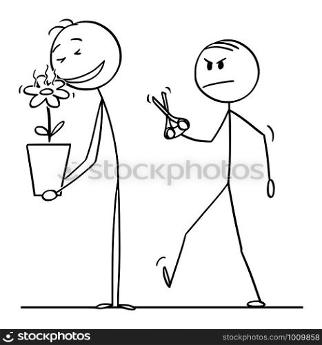 Vector cartoon stick figure drawing conceptual illustration of man enjoying smelling to beautiful flower in plant pot, envious colleague is going with scissors.. Vector Cartoon Illustration of Man Smelling to Beautiful Flower in Plant Pot, Envious Colleague is Going with Scissors