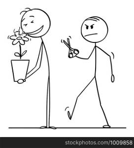 Vector cartoon stick figure drawing conceptual illustration of man enjoying smelling to beautiful flower in plant pot, envious colleague is going with scissors.. Vector Cartoon Illustration of Man Smelling to Beautiful Flower in Plant Pot, Envious Colleague is Going with Scissors