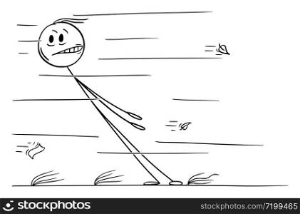 Vector cartoon stick figure drawing conceptual illustration of man facing strong wind blows.. Vector Cartoon Illustration of Man Facing Strong Wind Blows