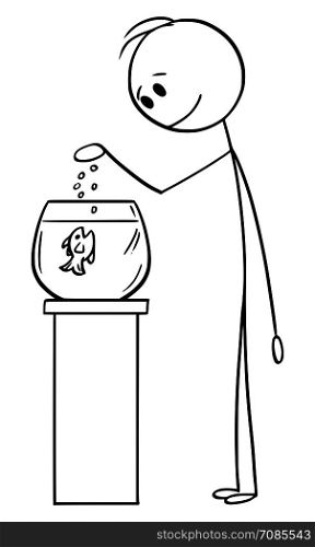 Vector cartoon stick figure drawing conceptual illustration of man feeding fish in spherical fishbowl or aquarium or tank.. Vector Cartoon of Man Feeding Fish in Fishbowl or Tank or Aquarium