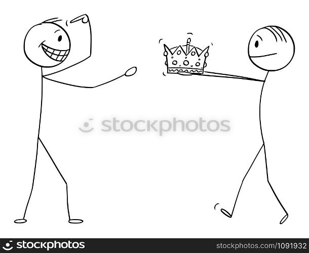 Vector cartoon stick figure drawing conceptual illustration of man giving crown of king or kingdom to confident man during coronation or crowning ceremony.. Vector Cartoon Illustration of Man Giving Crown of King to Confident Man