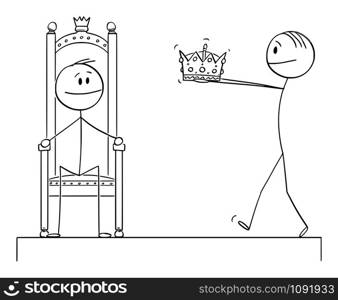 Vector cartoon stick figure drawing conceptual illustration of man giving crown of king or kingdom during coronation or crowning ceremony to man sitting on throne .. Vector Cartoon Illustration of Man Giving Crown of King to Man Sitting on Throne