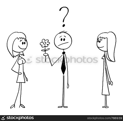 Vector cartoon stick figure drawing conceptual illustration of man going on date, holding flower and deciding between two girls or women.. Vector Cartoon of Man on Date Holding Flower and Deciding Between Two Women or Girls